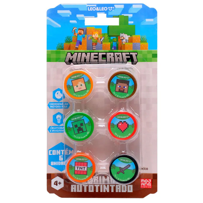 Carimbo Autotintado Decorado Minecraft Blister c/ 6 Und Leo&Leo