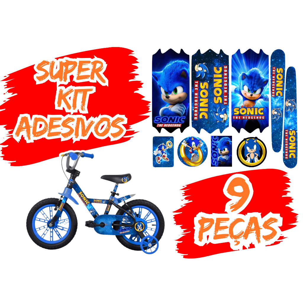 Adesivos Bike Sonic Kit 9 Unidades Vinil Resistente Infantil Aro 12 e 14 Nathor -  Decoração Bicicleta Pronta entrega!