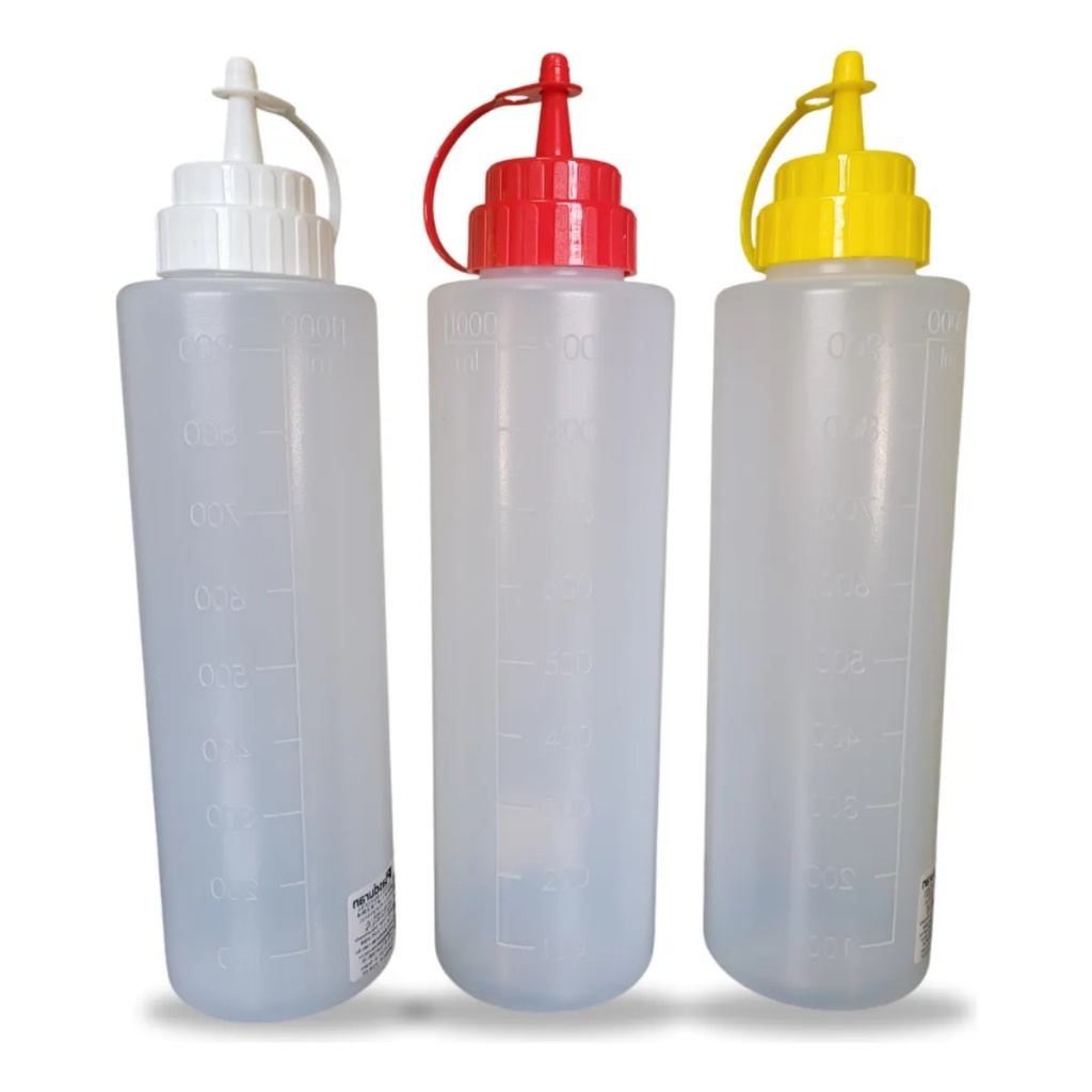 Bisnaga Transparente 1litro Molho Ketchup Maionese com Tampas Coloridas para Dispensação Precisa