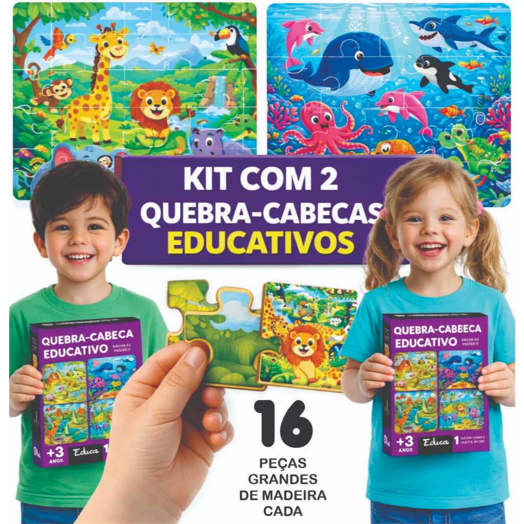 Kit 2 Quebra-cabeças Gigante 16 peças de madeira cada Educativo Fundo do Mar + Fazendinha Montessori