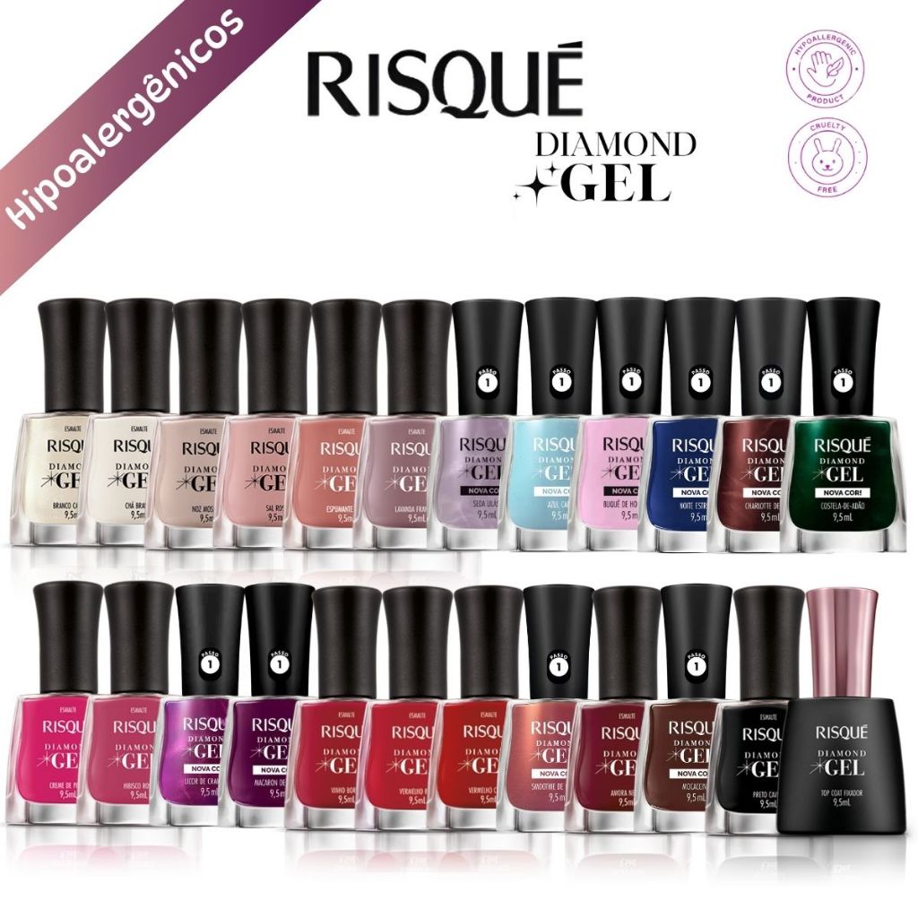 Risqué Kit de Esmalte Diamond Gel + 1 Top Coat Hipoalergênico Lançamentos Manicure Pedicure Atacado