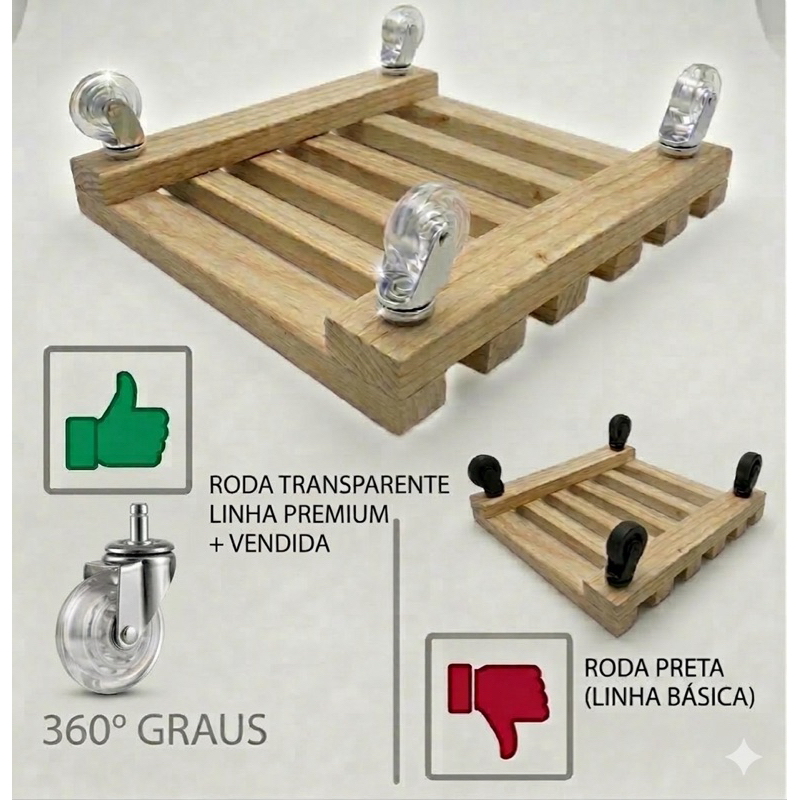 Suporte para Vaso com Rodinhas 360° 30x30cm Madeira  Resistente até 80kg Carrinho para Plantas, fácil de mover