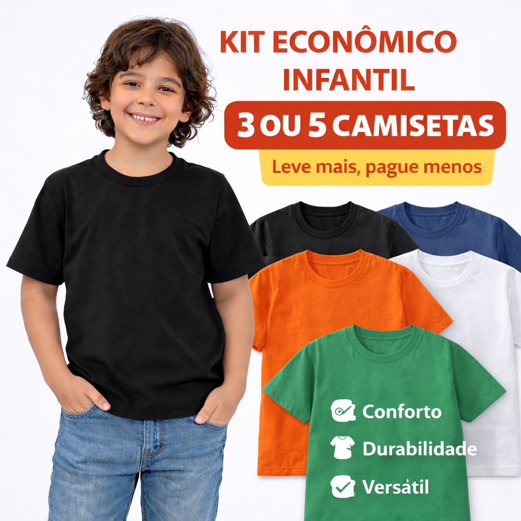 Kit Camisetas Infantil  Lisa 100% algodão  - Manga Curta - 3 ou 5 Peças - tamanhos 4 ao 14 em Oferta na Shopee