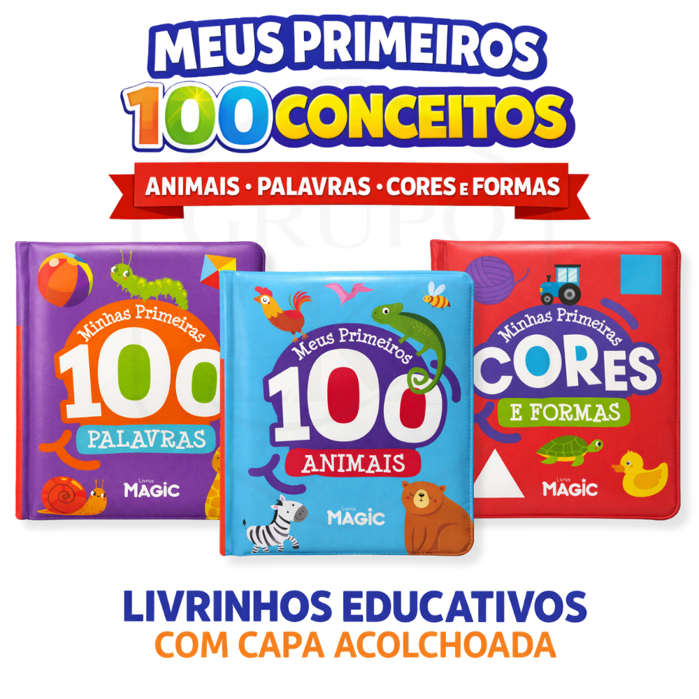 Livros Educativos Infantis Capa Acolchoada | 100 Conceitos Animais Cores Palavras