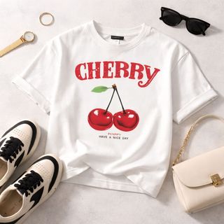 Camiseta Feminina Cherry Estampada Algodão Premium Moda Casual Tumblr Verão 2026