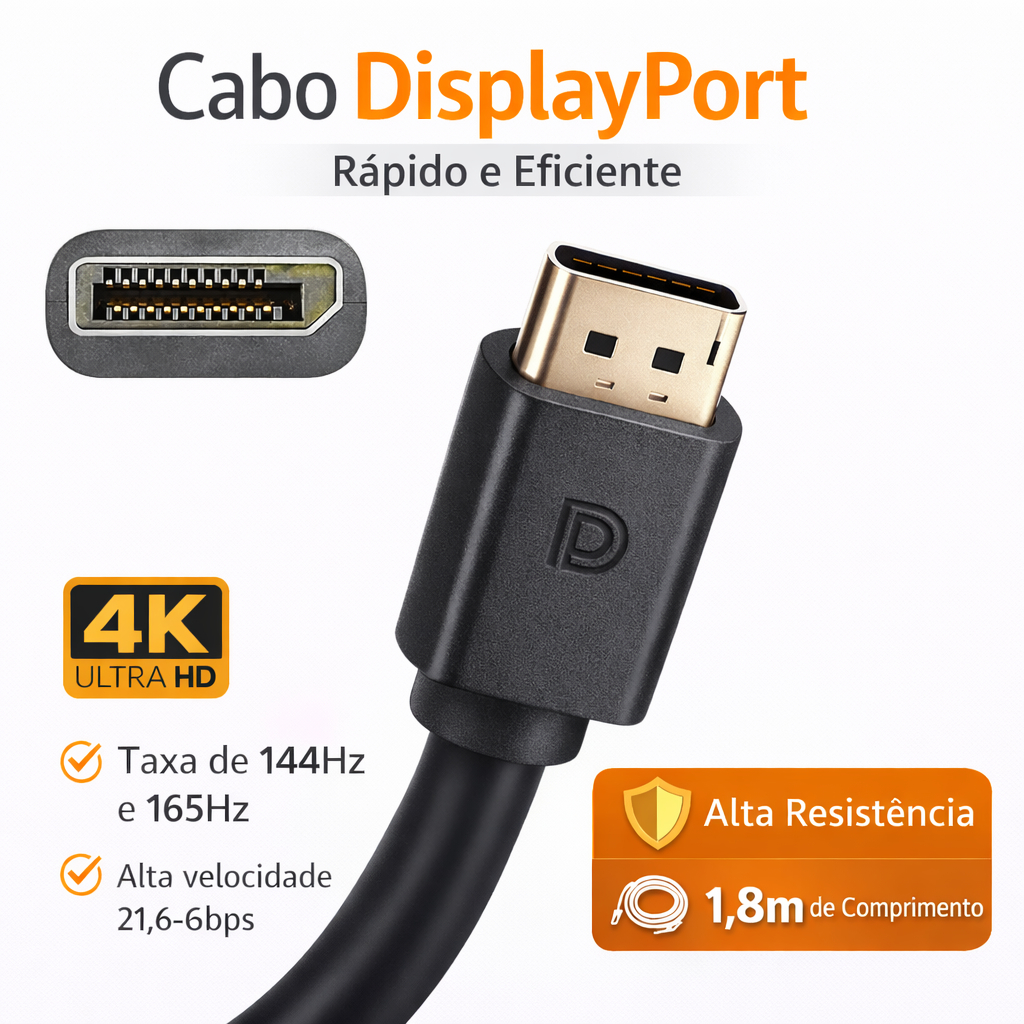 Kit Cabo DisplayPort 1.8M 4K 144Hz Alta Velocidade PC Gamer Monitor (1, 2 ou 5 Unidades)