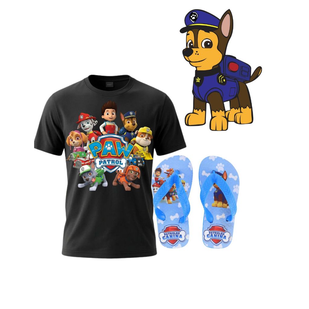 Camisa e chinelo infantil masculino da patrulha canina unissex preta , qualidade e preço justo macio e confortável.
