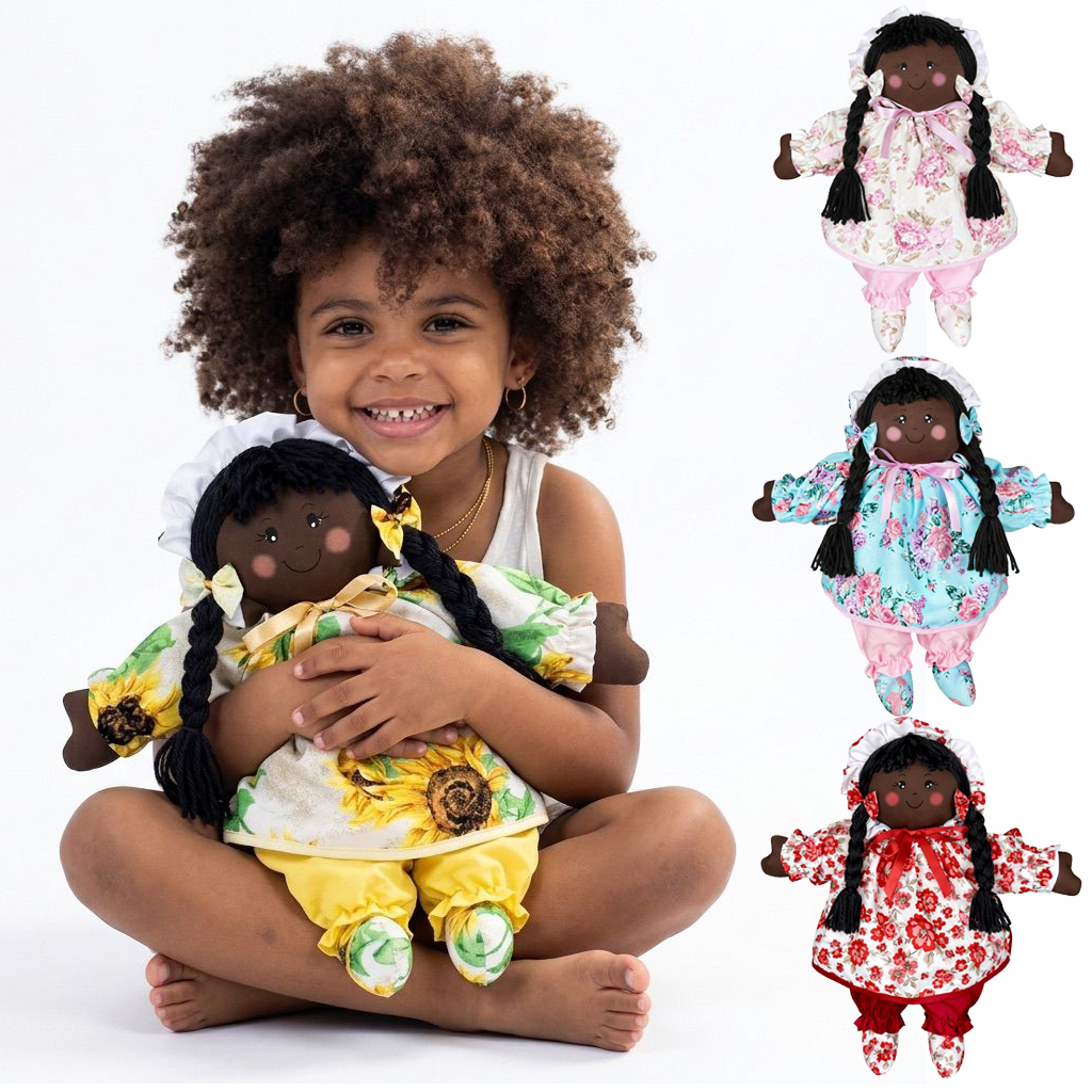 Boneca de Pano Negra Artesanal 40 cm, Várias estampas