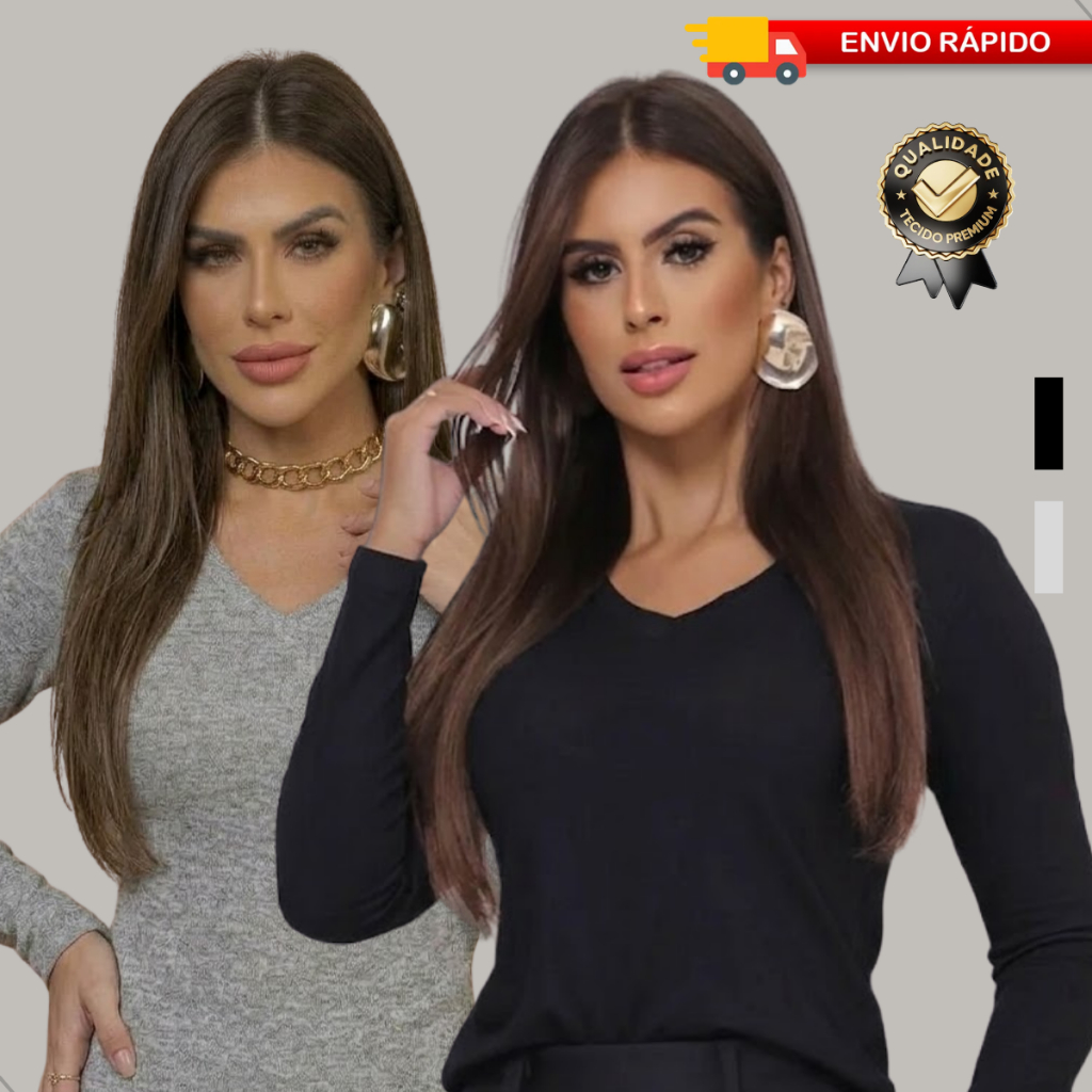 Blusa Feminina Gola V Manga Longa Segunda Pele Viscolycra Básica Lisa Casual Premium