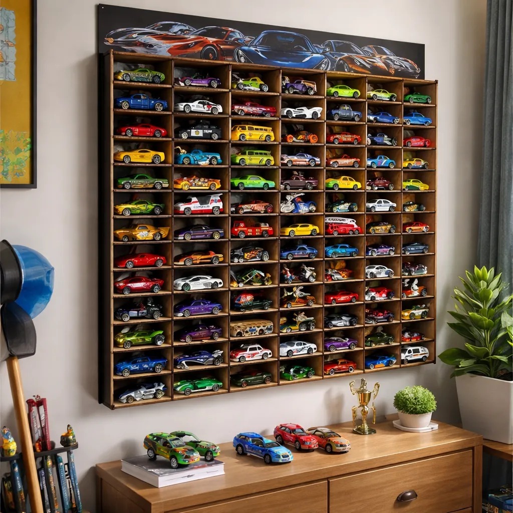 Estante Expositor Porta Carrinhos Hotwheels 105 Nichos Miniatura Prateleira Adesivada Coleção Mdf Promoção Black Friday