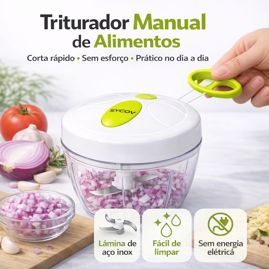 Mini Triturador Processador Manual de Alimentos com Lâminas Afiadas em Aço Inox 500ml