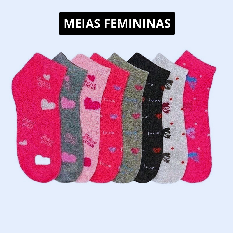 KIT  Meias 3 6 12 ou 15 Soquete Adulto Feminina Estampada Cores Delicadas em Oferta na Shopee