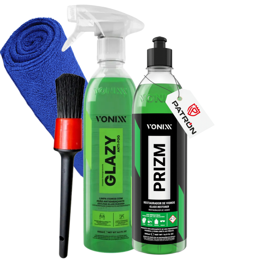Kit Vonixx Limpa Vidros Glazy Anti Fog + Prizm Restaurador Vidros + Microfibra + Pincel Detalhamento em Oferta na Shopee