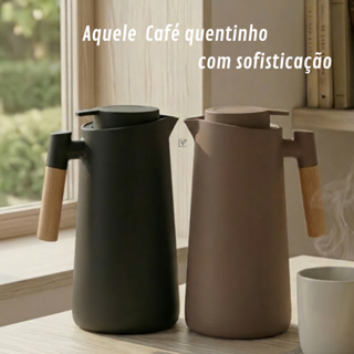 Garrafa Térmica Bule 1 Litro Parede Dupla com Ampola de Vidro e Alça de Madeira Preta e Marron em Oferta na Shopee