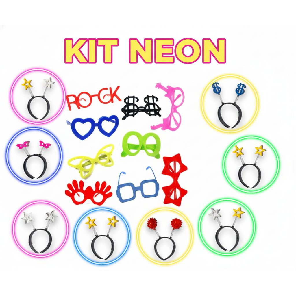 Kit com 10 Tiaras/Arquinhos e 10 Óculos de Festa Neon
