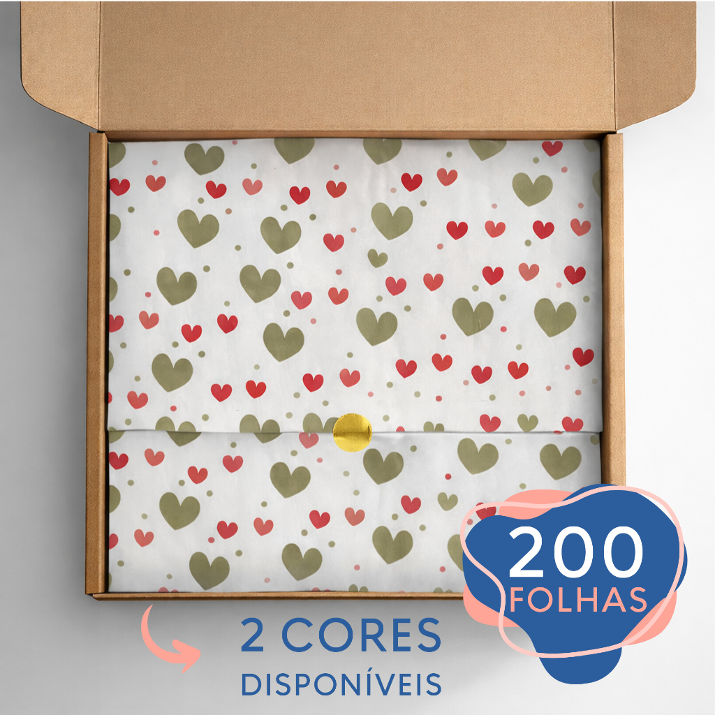 Kit 200 ou 100 Folhas Papel De Seda Premium Estampa Coração Metalizado 35x50cm