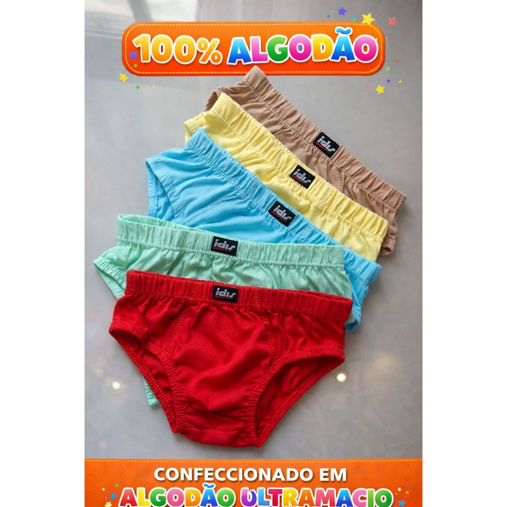 Kit Cuecas infantil slip menino algodão forradas 10 - 05 coecas lisas confortáveis frescas sortidas cueca tradicional