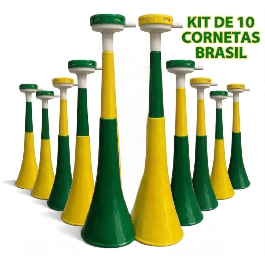 kit com 10 Corneta de Torcida 40cm Verde e Amarela – Corneta de Assoprar para Jogos, Copa do Mundo, Futebol e Festas