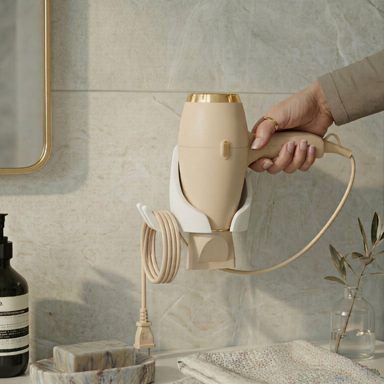 Suporte Secador de Cabelo de Parede com Porta Cabos e Fácil Fixação Dupla Face ou Parafuso