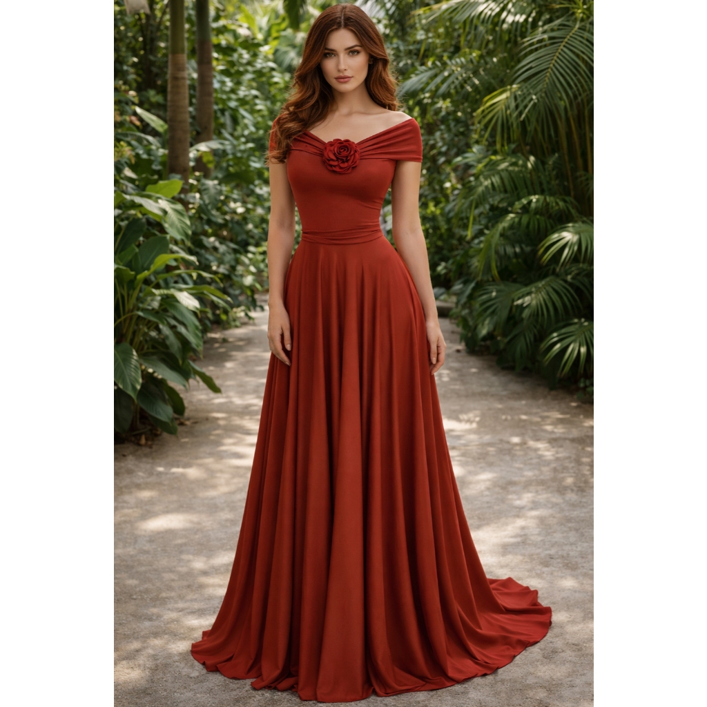 Vestido longo em festa, madrinha casamento, decote franzido com flor