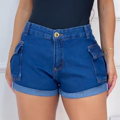 Short Jeans Feminino Cargo Cintura Alta Levanta Bumbum Lavagem Escura em Oferta na Shopee