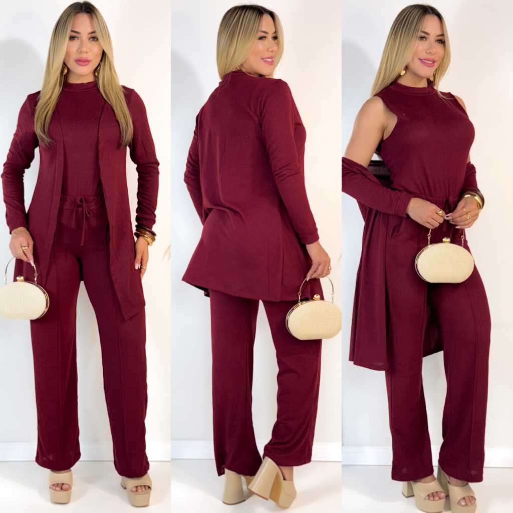 Conjunto trio lãzinha calça regata e cardigan moda Feminina Inverno estilo pantalona