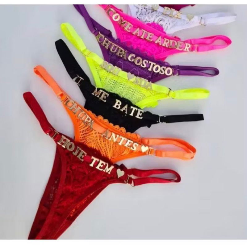 Calcinha renda com palavra sexy fio dental nome e frase personalizada com letras passantes