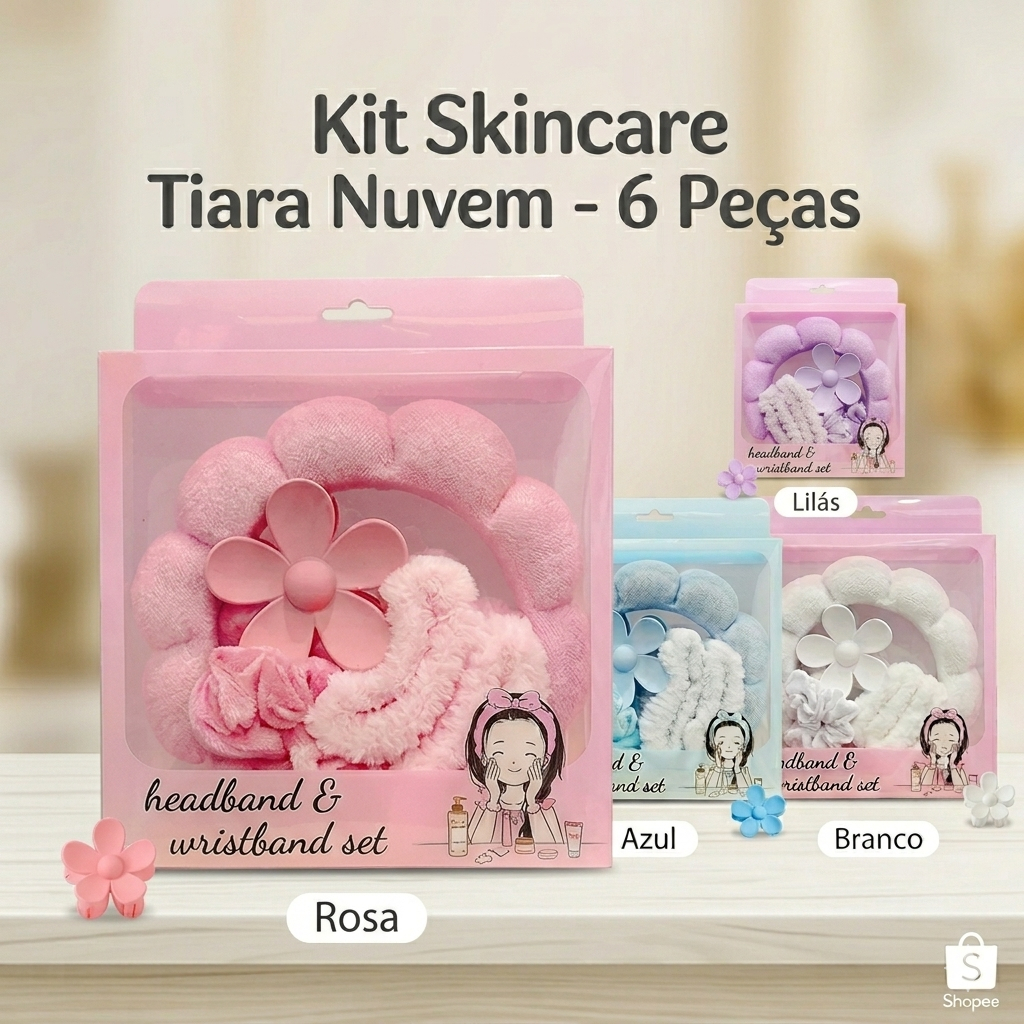 Kit Skincare Presente Tiara Nuvem Fofa + Pulseira Atoalhada + Piranha Flor + Elástico Amarrador Maquiagem Spa Beleza
