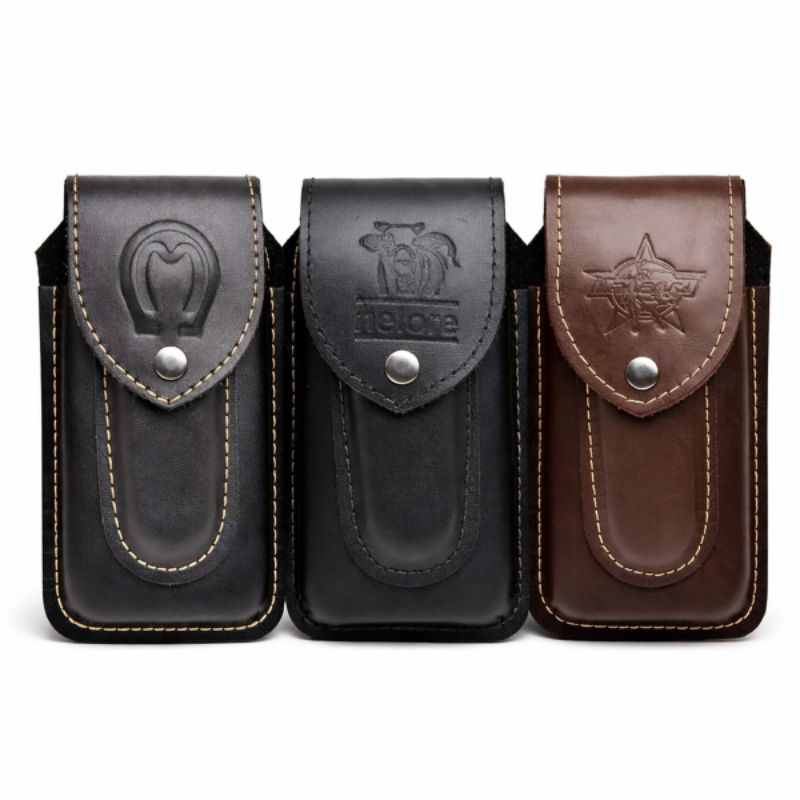 capa bainha de celular com porta canivete em couro