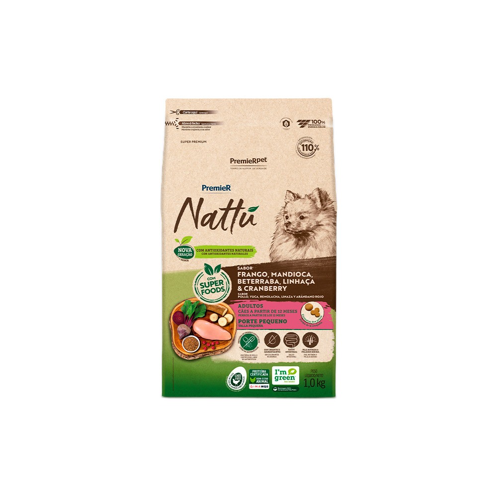 Ração Premier Nattu para Cães Adultos de Raças Pequenas Sabor Mandioca - 1kg