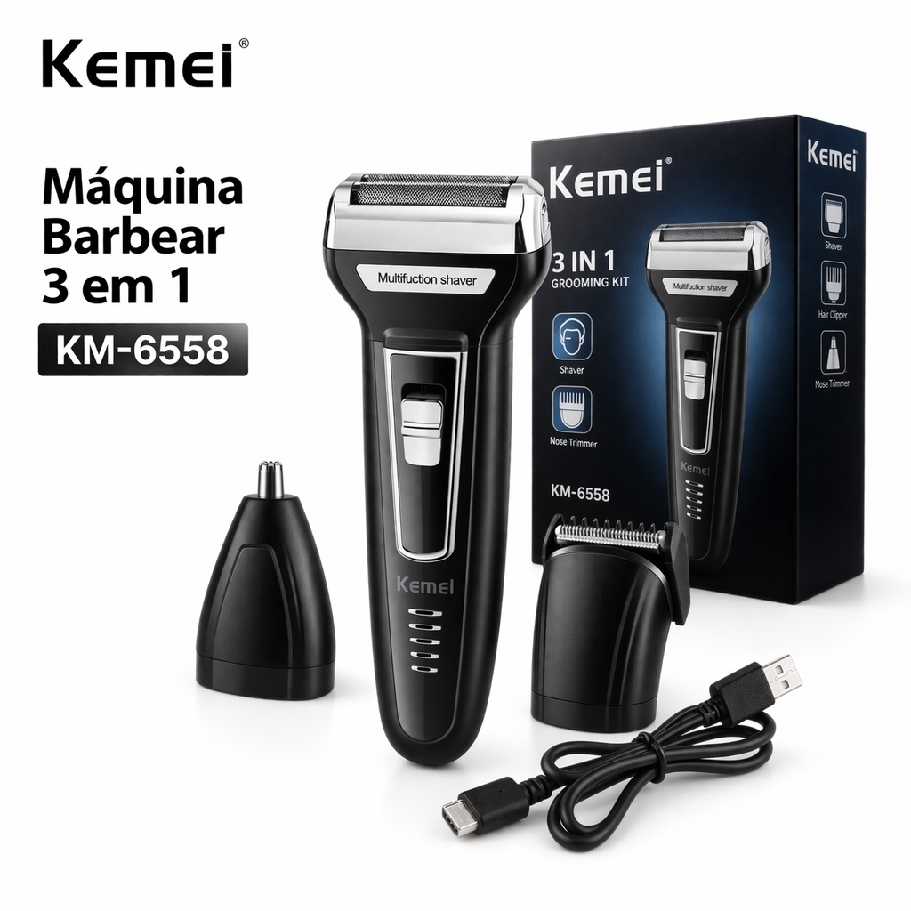 Máquina de Barbear 3 em 1 Kemei KM-6558 Shaver Aparador Nariz Barba Recarregável