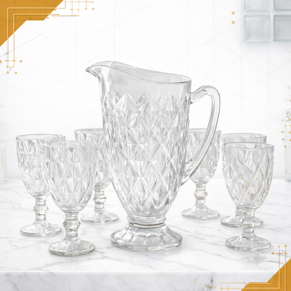 Jarra 1200ml Diamond e 06 Taças 340ml Diamond Suco Agua Transparente Luxo Possui Variações