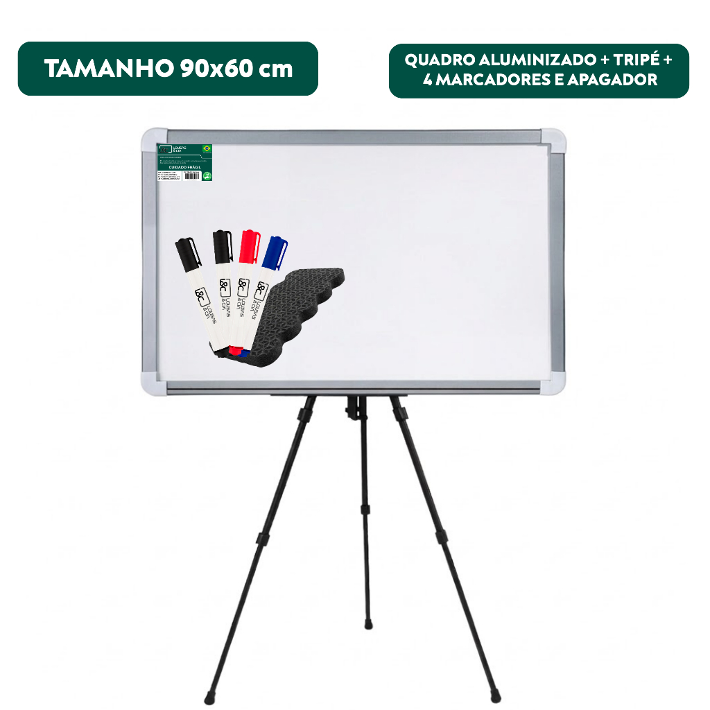 Quadro Lousa Branca 90x60cm Moldura MDF Cor Alumínio + Tripé + 4 canetas + Apagador