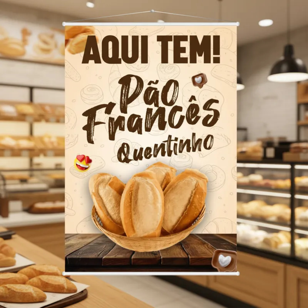 Banner Faixa Lona Aqui Tem Pão Francês Sal Quentinho Padaria Fácil Instalação100x70