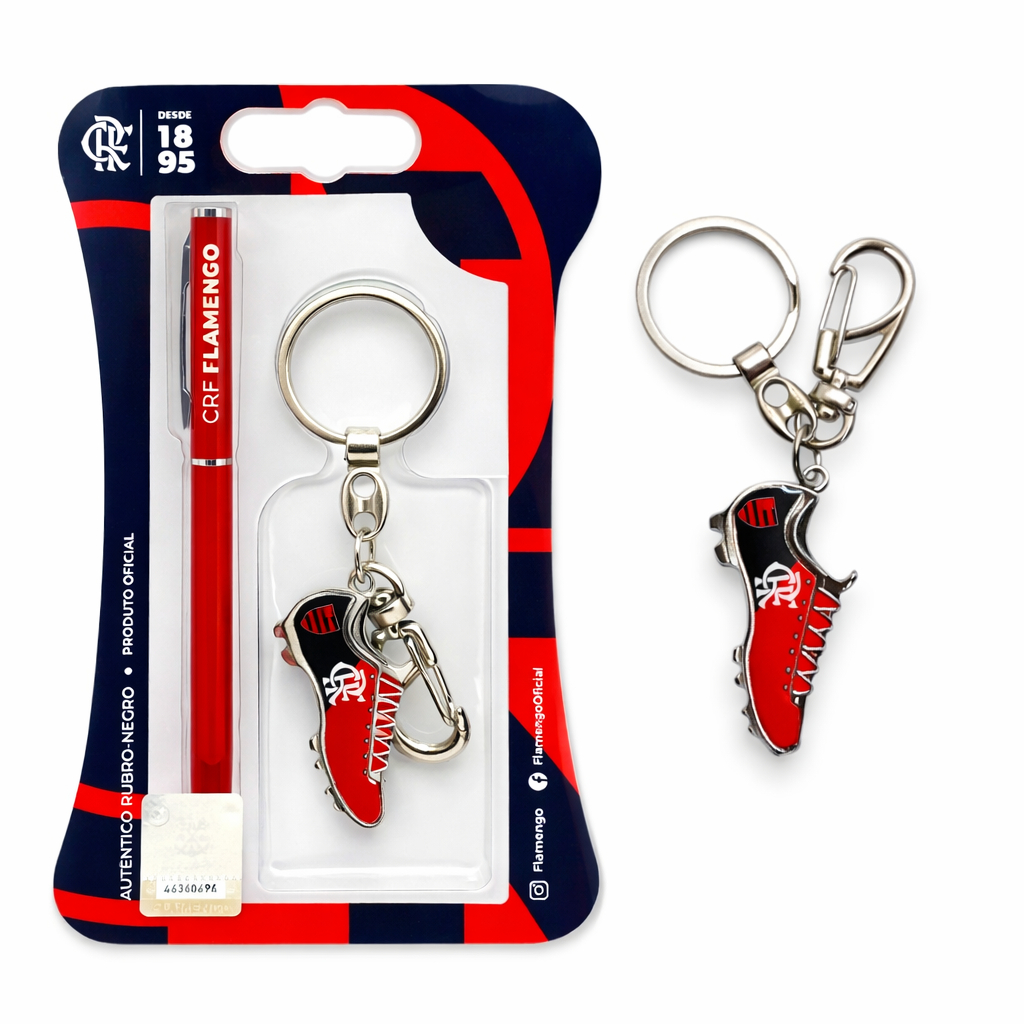 KIT CANETA E CHAVEIRO CHUTEIRA FLAMENGO OFICIAL