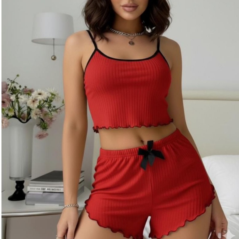 Conjunto Pijama Feminino, Short Doll, Blusinha Alça Fina Blogueirinha, Confortável, Verao, Canelada