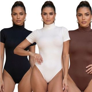 Body Feminino Gola Alta Manga Curta Coladinho Suplex Estilo Blogueira Básico Elegante Modela e Valoriza o Corpo Inverno em Oferta na Shopee