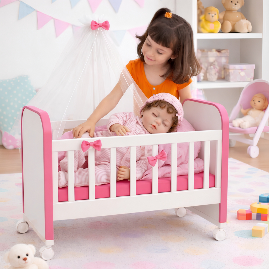 Berço P/ Boneca 67cm Rodízios Véu Ideal Reborn ROSA / azul / branco