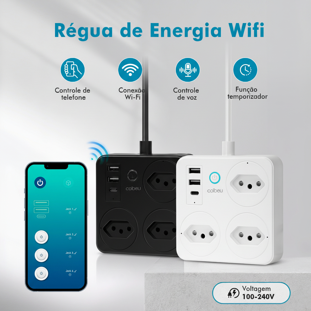 Tomada Inteligente Wi-Fi Compatível Tuya Alexa Google Assistente - Filtro de Linha USB-C Bivolt Padrão BR-F321