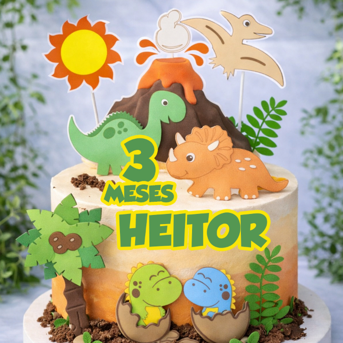 Topo de Bolo Dinossauro Baby, Aniversário Infantil, Mêsversario Decoração de Festa 🦖🌿 Personalizado com Nome e Idade!