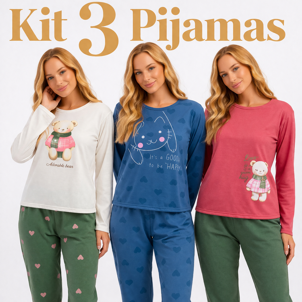 Kit 3 Pijamas Feminino Inverno Barato Confortável Leve P ao GG Oferta