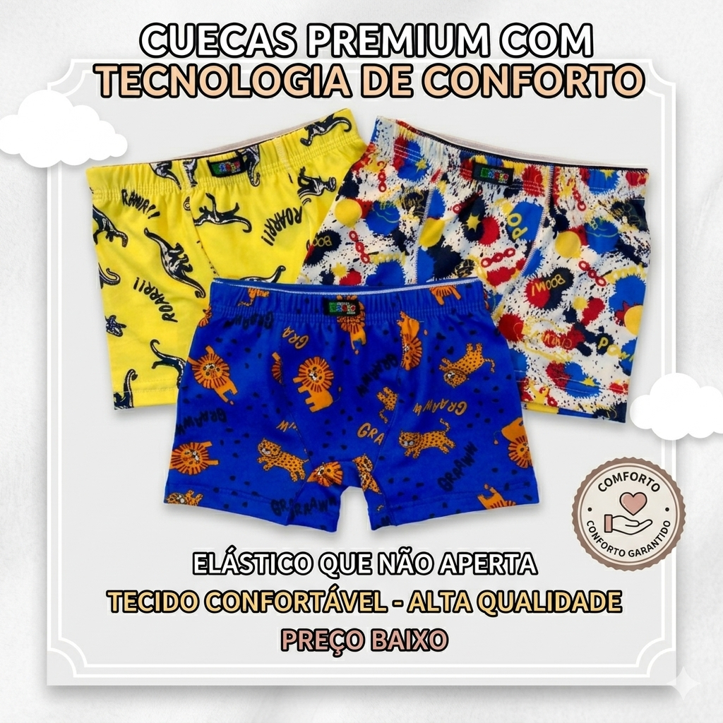 Kit Cueca Boxer Infantil e juvenil sortida e desenho animado sem costura lateral