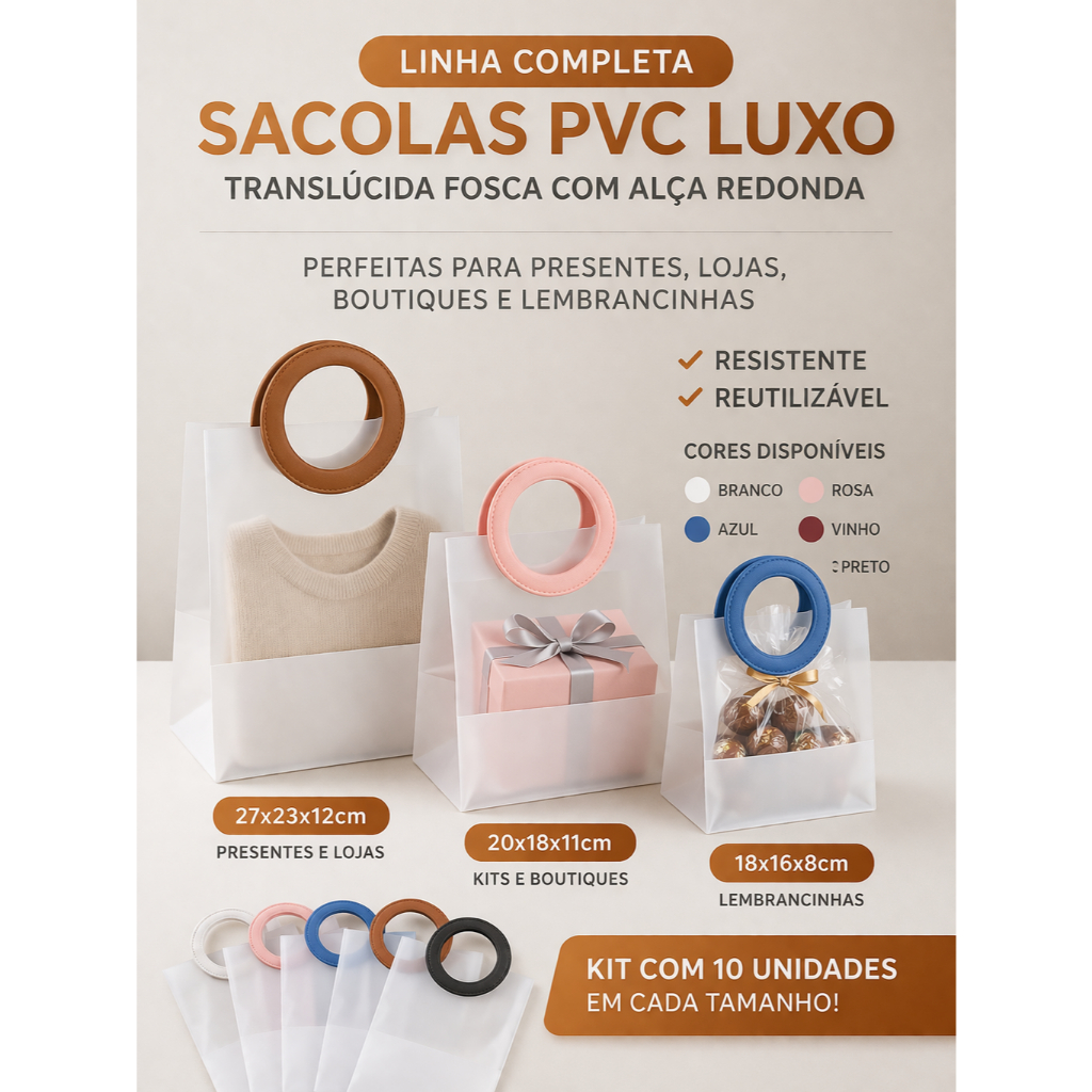 10 x Bolsas Saco Sacola PVC Translucida Fosca Com Alça Redonda De Couro i