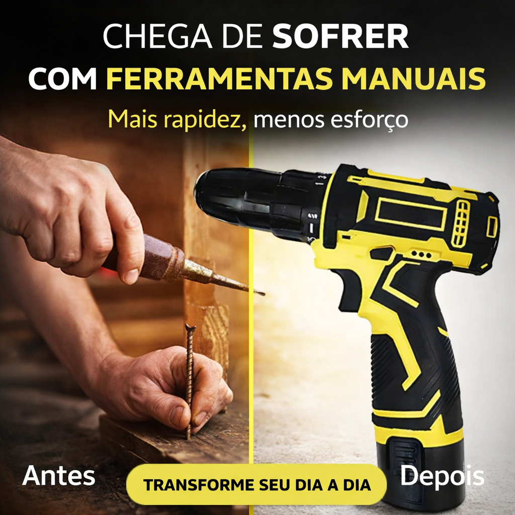 Parafusadeira Furadeira 12V Sem Fio com Maleta Kit 24 Peças Bateria Lítio Bivolt Torque 23Nm