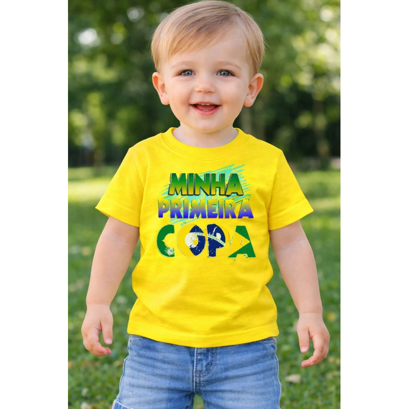 Camiseta Infantil Brasil Copa Do Mundo Minha Primeira Copa Baby Menino Menina Amarela Seleção Brasileira Torcedor.
