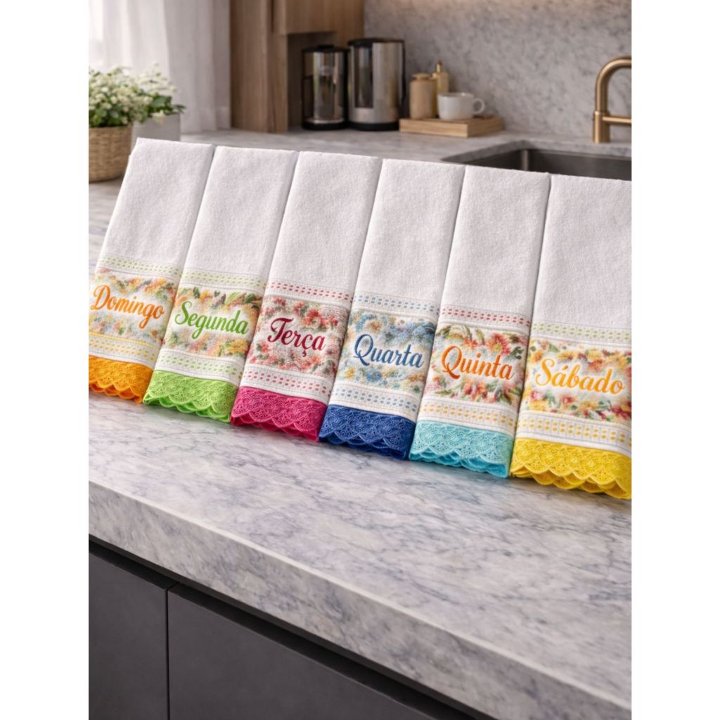 Kit Com 7 Panos De Prato Semaninha Algodao Bordado Luxo Grande Absorcao Bolsinha Organizadora