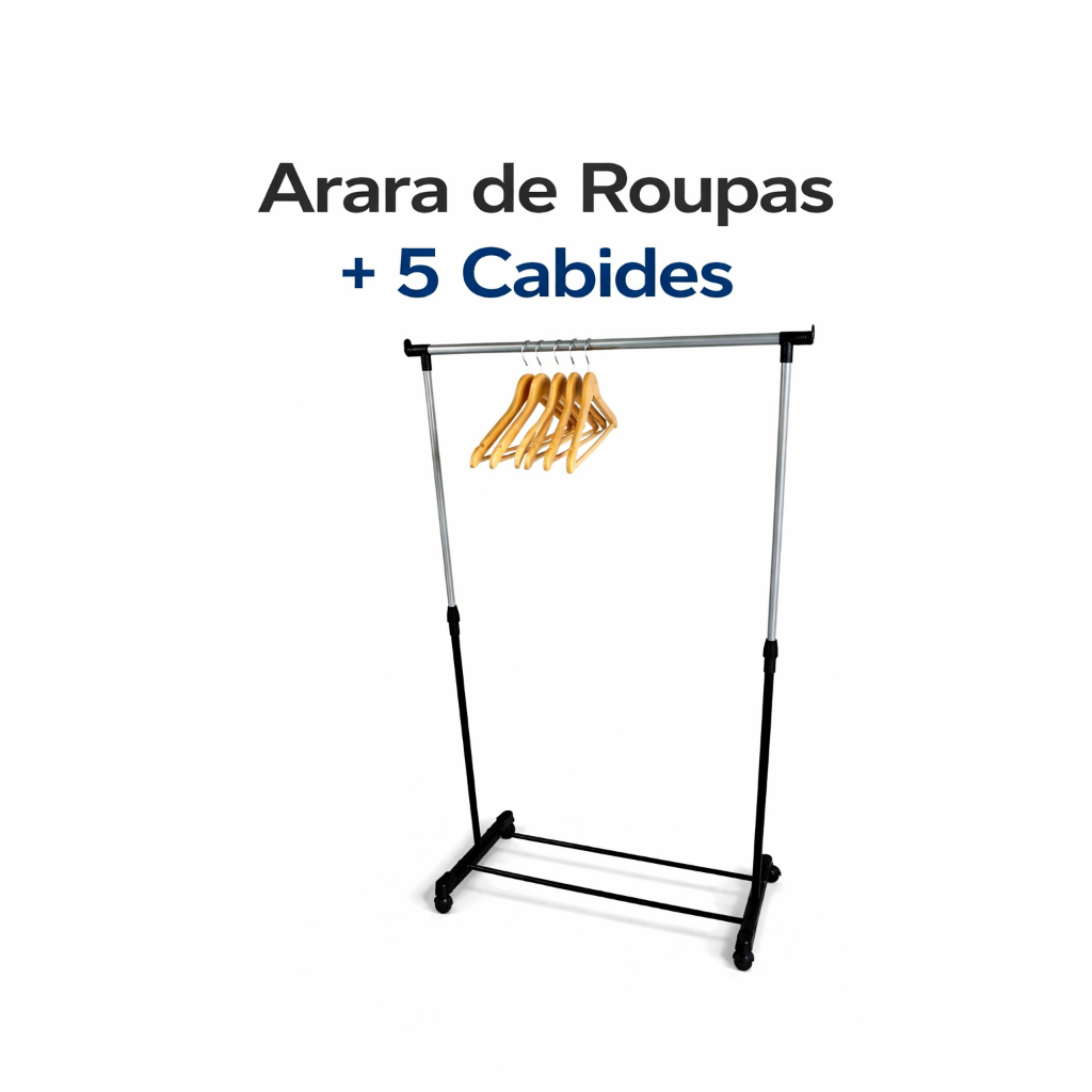 Kit Cabideiro Arara De Roupas Organizador 150cm + 5 Cabide De Madeira Marfim Premium Para Roupas