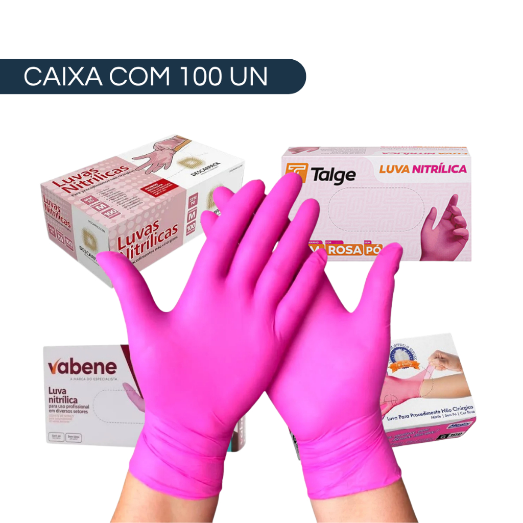 Luva Nitrilica Rosa Descartável 100 Unidades Pink Nitrilo Sem Pó Antialérgica Powder Free Resistente
