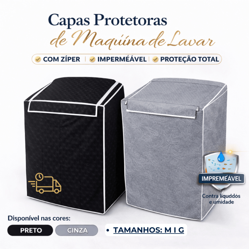 Capa para Máquina de Lavar Impermeável Com Zíper Cinza Preta M e G Tanque Tanquinho Lavável Zíperes
