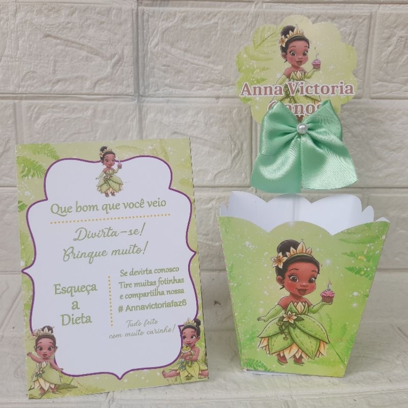 Enfeite de Mesa Princesa Tiana Baby Plaquinha de Agradecimento Cachepô Personalizado Infantil